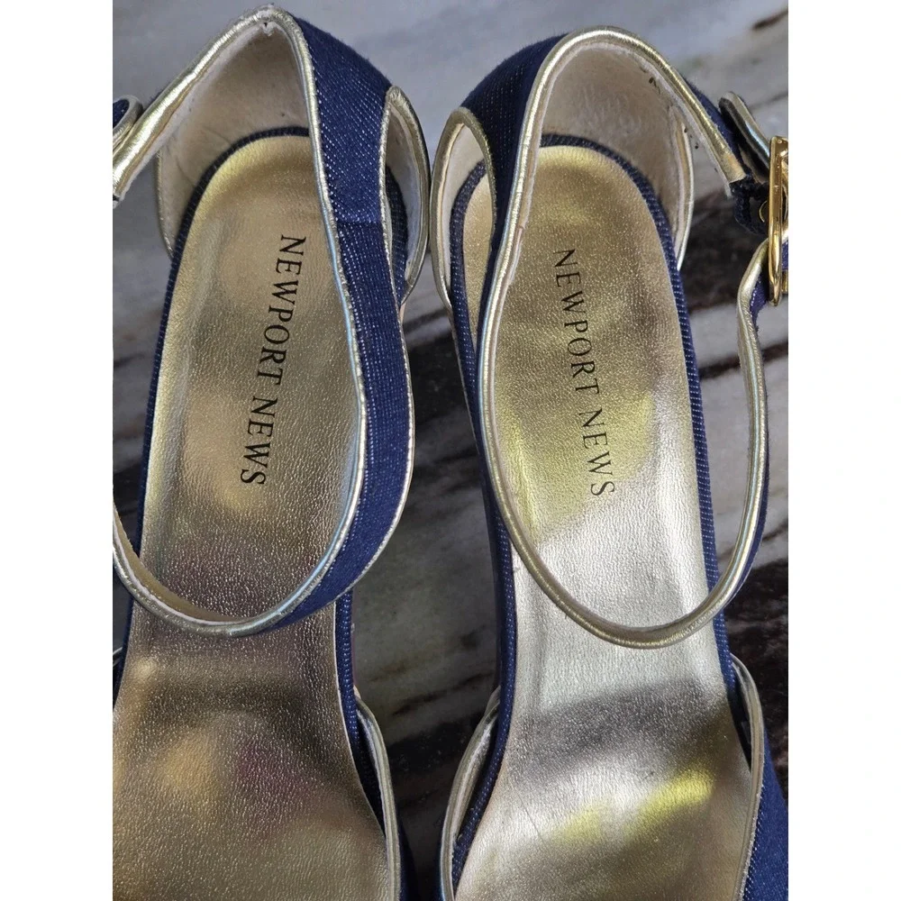 Newport News Denim Cork Platform Peep Toe Heels Dark Wash Gold‎ 10